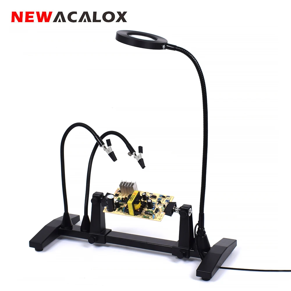 

NEWACALOX 3X Magnifier Lamp Adjustable Circuit Board Holder Magnetic Flexible Arm Soldering Iron Stand Third Hand Soldering Tool