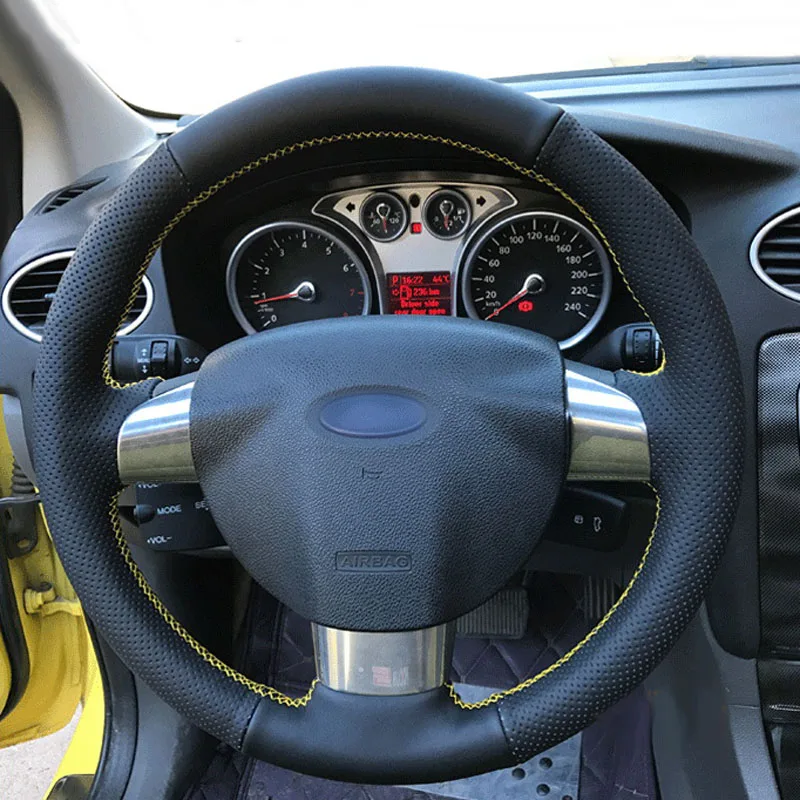 Дермис подлинный кожаный чехол для рулевого колеса автомобиля DIY для Ford Focus 2 Focus 3 Фокус RS, сшитые вручную чехлы на рулевое колесо черный