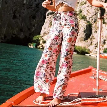 

2020 Summer New Leisure Trousers Women's Vintage Printing Wide Leg Pants Bohemian High Waist Loose Beach Pants Rayon Long Pants