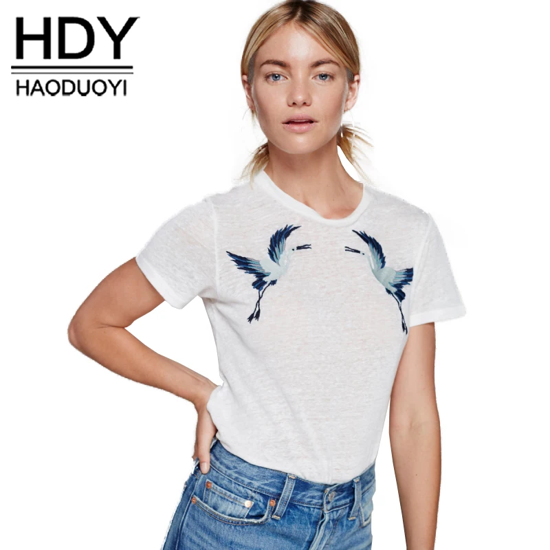 

HDY Haoduoyi White O-neck Casual T-shirt Summer Fashion Embroidery Basci Women Short Sleeve Female Pullover Tops Brief Style