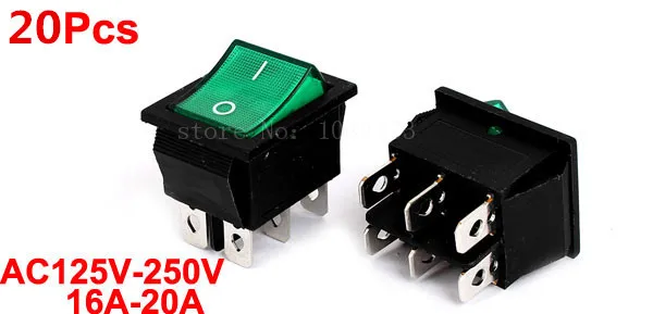

6 Pin DPDT ON-OFF 2 Position Green Light Lamp Snap Boat Rocker Switch 20 Pcs