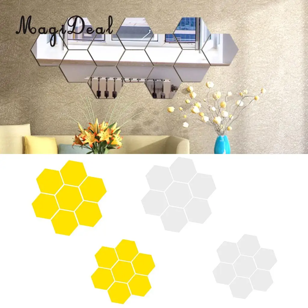 7Pcs 3D Mirror Surface Hexagon Vinyl Removable Sticky Wall Sticker Decal Coffee Cafe Bar Chic Decor Art Mural DIY