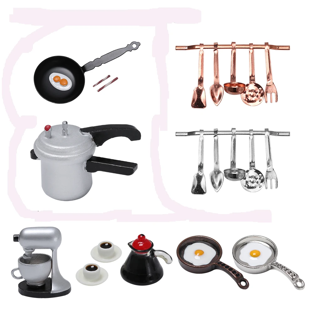 

Miniature Metal Iron Kitchenware for 1:12 Dollhouse Wok Poached Egg Bacon Stick Kitchen Cookware Kids Dollhouse Pretend Play Toy