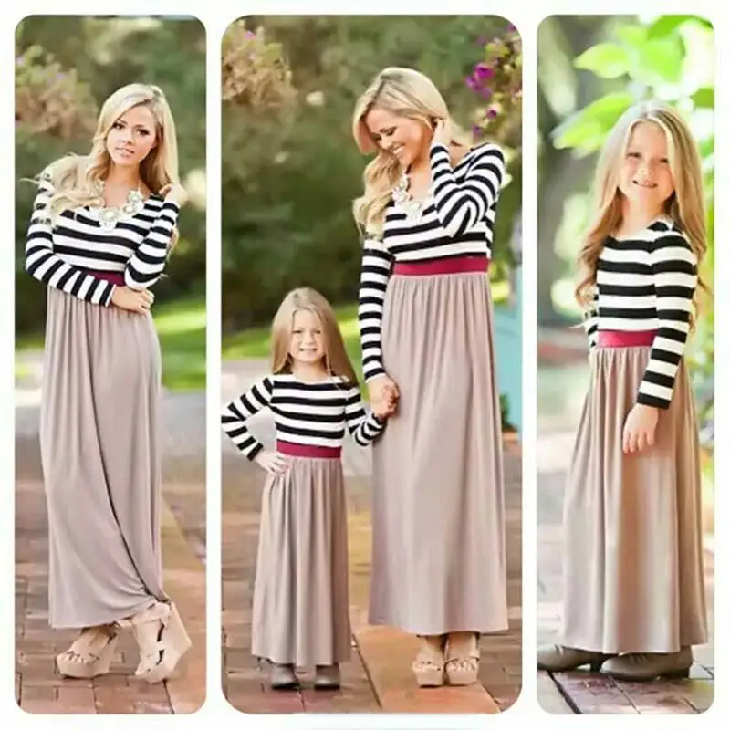 Mother-and-Daughter-Dresses-Family-Matching-Clothes-Striped-Patchwork-Cotton-Vestidos-New-Outfits-Kids-Girl-Fashion-Party-Dress