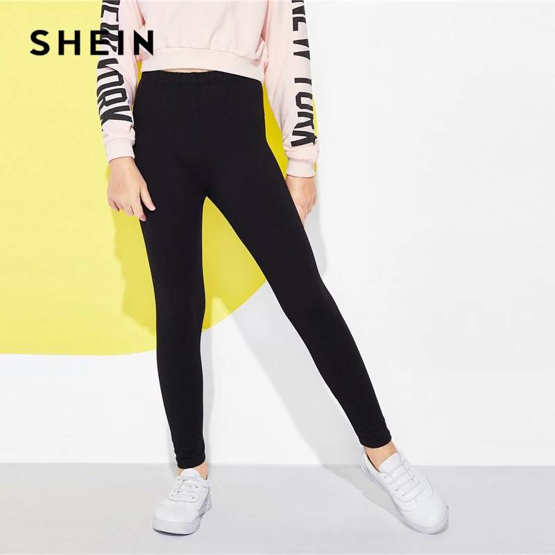 SHEIN/черные однотонные повседневные штаны с эластичной резинкой на талии для девочек; леггинсы для девочек; коллекция года; сезон весна; модные элегантные узкие брюки; Корейская одежда для детей