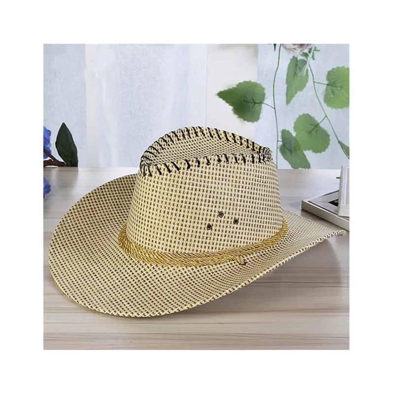 Летняя мода, Мужская однотонная соломенная ковбойская шляпа в западном стиле с веревкой, с широкими закручивающимися полями, кепка, ремень для подбородка, пляжные солнечные шляпы для защиты от УФ-лучей - Цвет: Beige