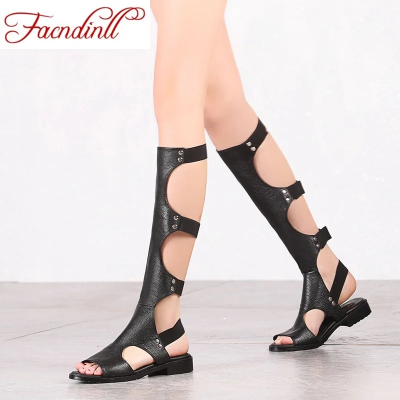 

FACNDINLL fashion gladiator sandals women knee high summer boots lady sexy cut-outs long boots leather casual shoes woman black