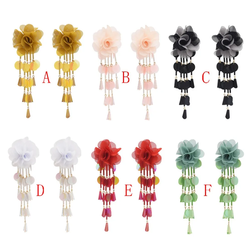 Elegant 6 Colors New Fashion Trendy Drop Earrings Fabric Lace Flower Shaped Charms Fringed Glass Sequins Long Tassel Earrings