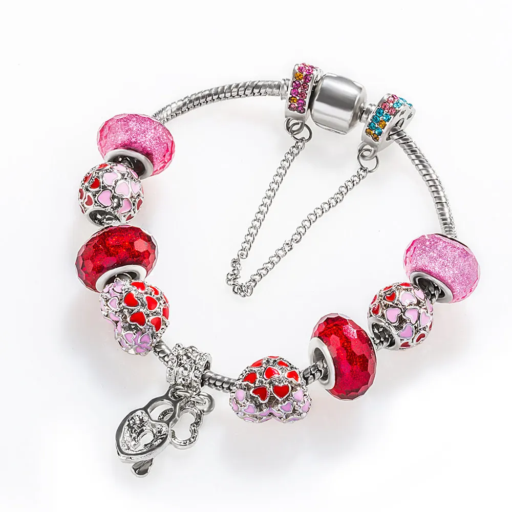 

17-22 cm 925 Fashion Silver Charms Bracelet Bangle For Women Crystal Flower Beads Fit Brand Bracelets Jewelry