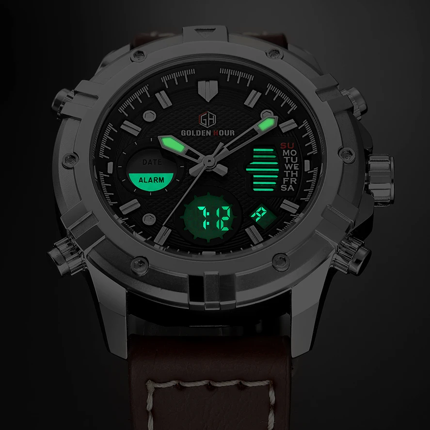 GOLDENHOUR Mens Watches Top Brand Luxury Quartz Analog Digital Watch Men Leather Military Sport Wri