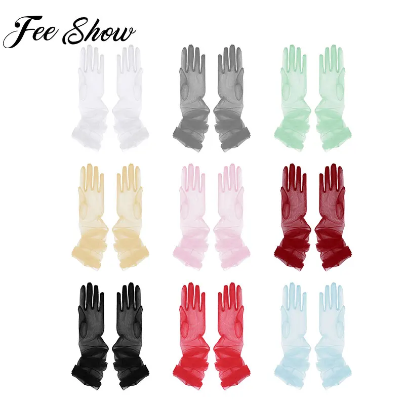 

Adults Women Elegant Tulle Full Finger Elbow Long Gloves Mesh Sheer Mittens For Evening Party Photography Costumes Accessories