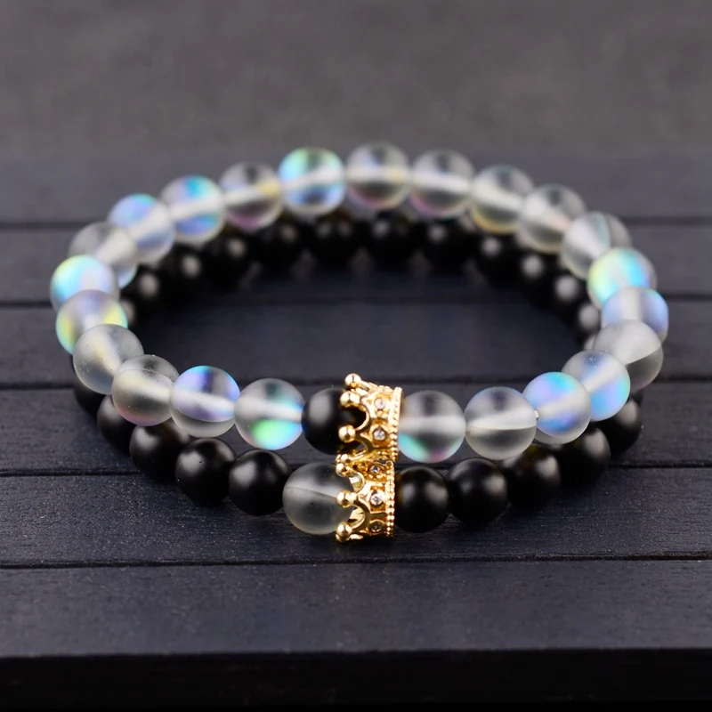 DOUVEI 2018 Couple Bracelet Beads Crown Distance Natural Moonstone Bracelets For Women Men Jewelry Customized Valentine Gift