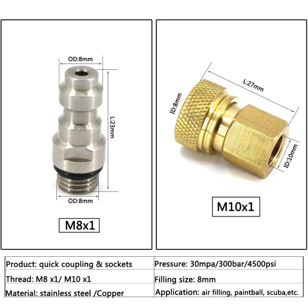 PCP Airforce Пейнтбол пневматический быстроразъемный Соединитель 8 мм M8x1 вилка из нержавеющей стали с утолщенным быстроразъемным фитингом 2 шт