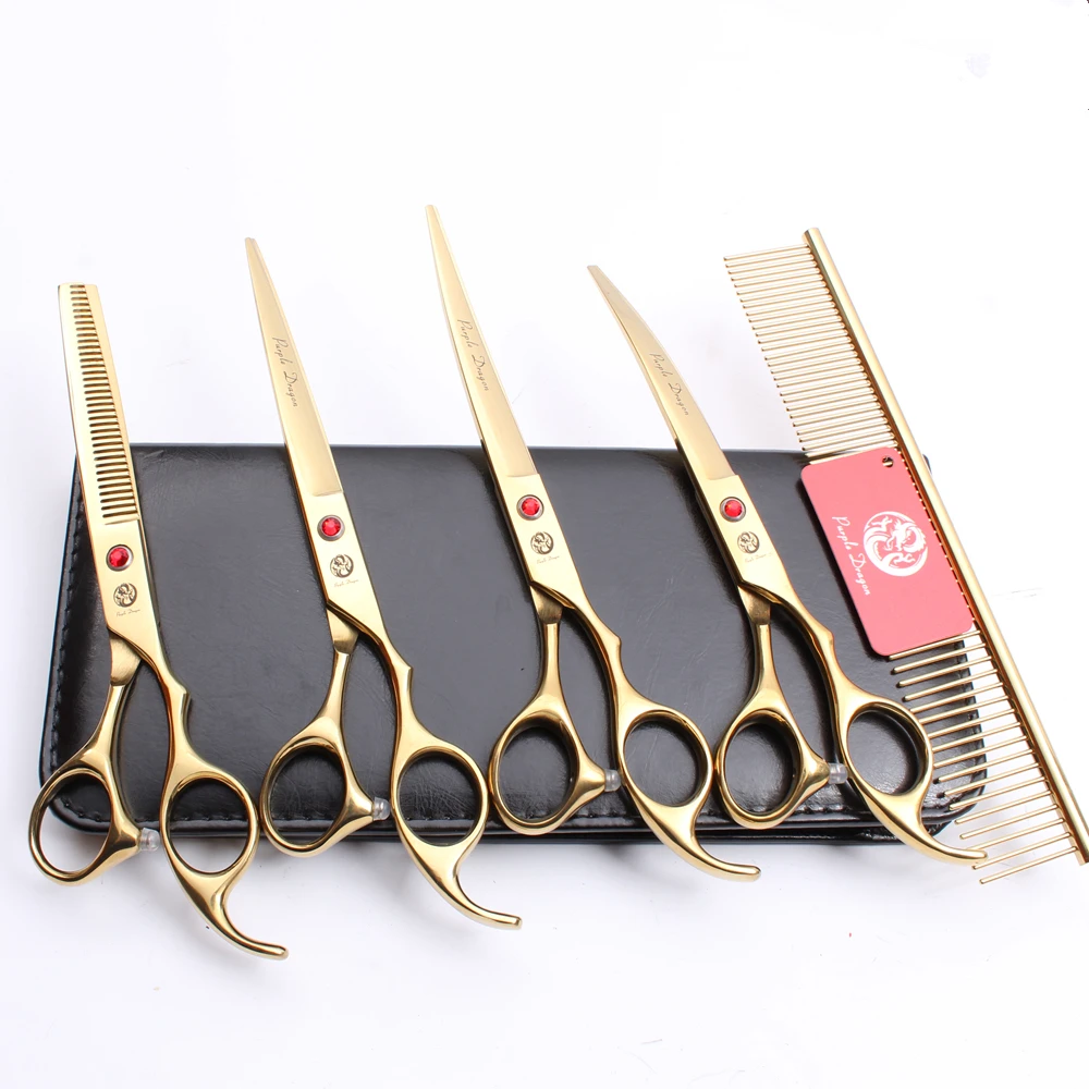 

Z3003 5Pcs Set 7'' 19.5cm Gold Professional Pets Hair Steel Comb + Cutting Shears + Thinning Scissors + Dogs Cats Curved Shears