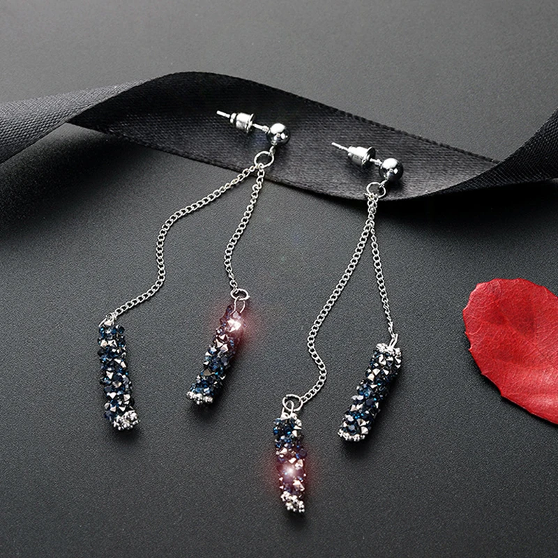 1 Pair Blue Rhinestone Long Tassel Earrings Fashion Women Full Diamond Geometric Dangle Earrings