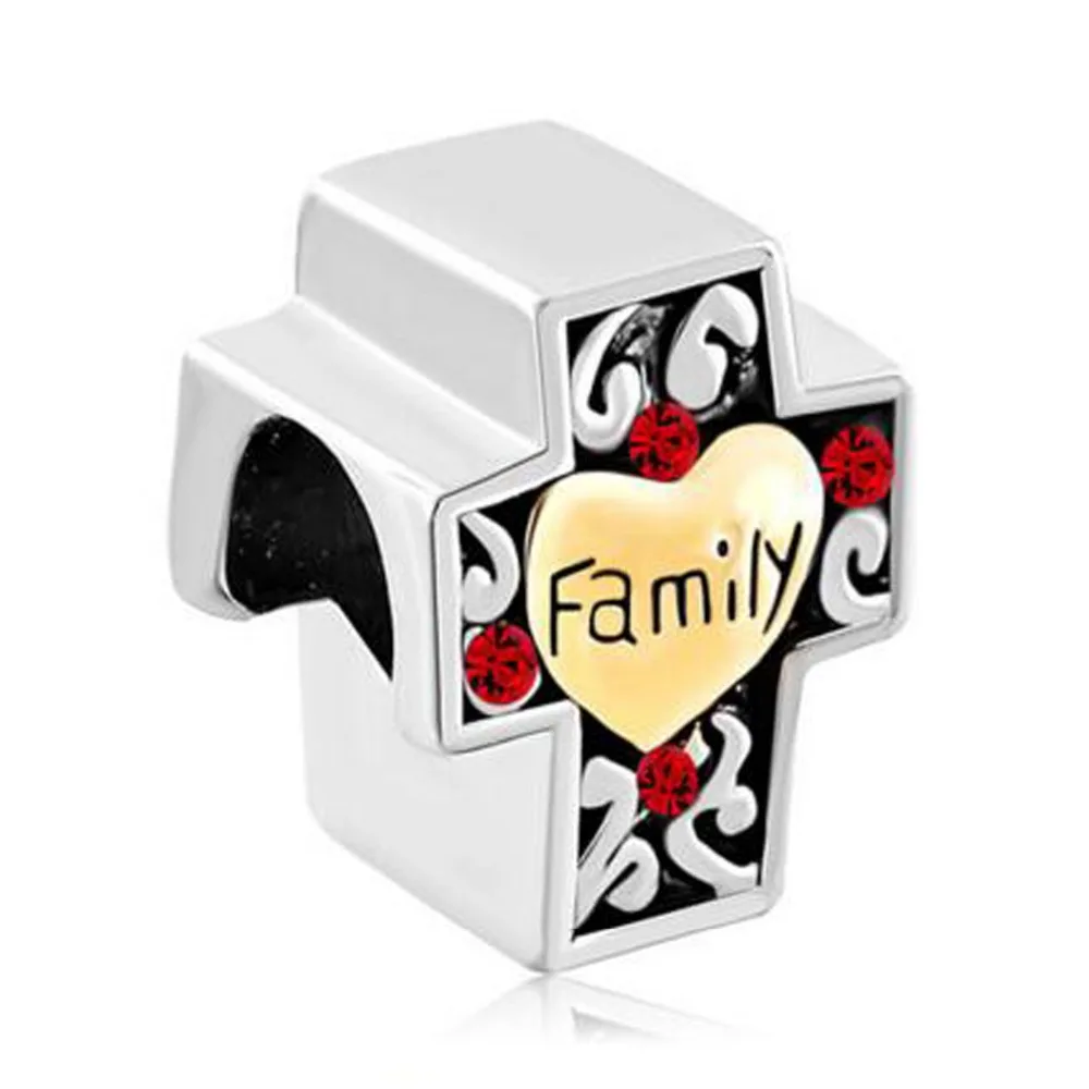 

Free shipping Two Tone Red Filigree Heart Love Family On Cross Charm Bead fit Pandora bracelet
