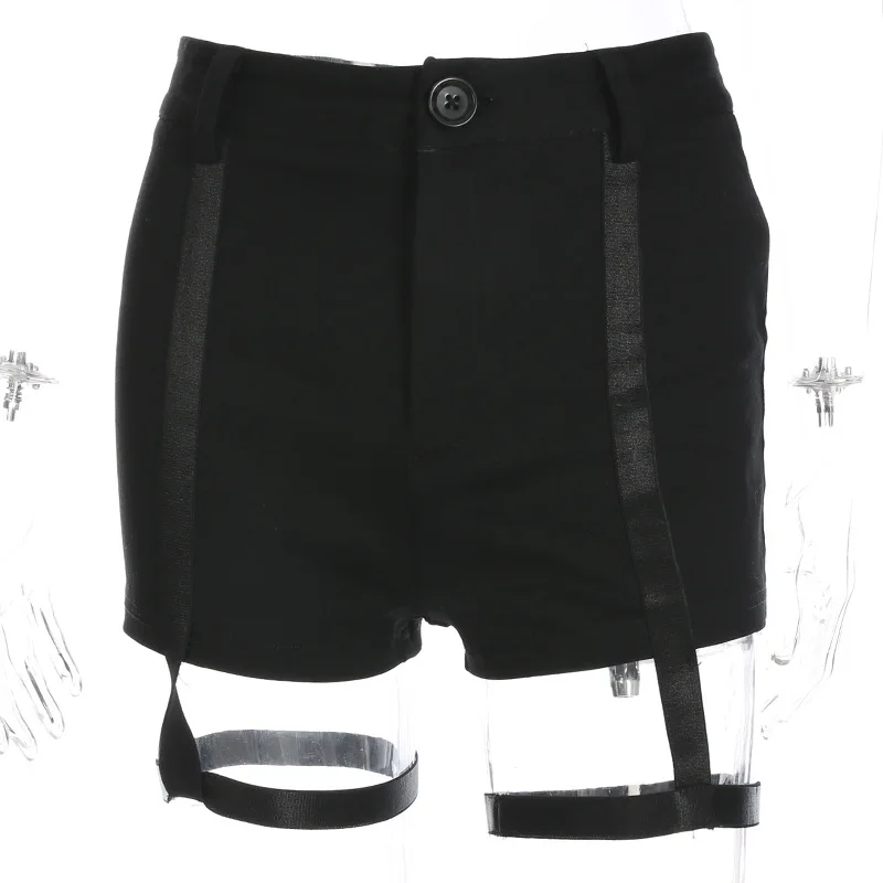CASMOR, черные модные сексуальные мини шорты, 2019, женские весенние обтягивающие шорты с кольцом на ногу, средняя талия, подвязки, пояс для