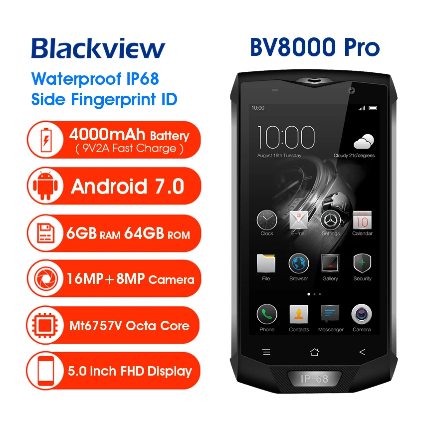 Blackview BV8000 Pro IP68 водонепроницаемый мобильный телефон MTK6757V Восьмиядерный Android 7,0 мобильный телефон 5," FHD 6 Гб ram 64 Гб rom 4000 мАч NFC