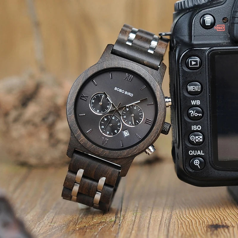 BOBO BIRD Wooden Watches Men Quartz Wristwatch Male Stopwatch Gift reloj hombre Friend in wood box saat erkek Timepieces