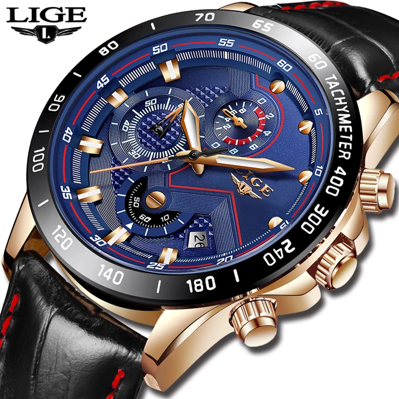 

LIGE Watch Mens Original Brand Men Business Leather Chronograph Army Military Waterproof Sport Analog Quartz Clock Montre Homme