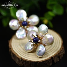 GLSEEVO Natural Fresh Water Baroque Pearl Lapis Lazuli Flower Stud Earrings For Women 925 Sterling Silver Fine Jewellery GE0598