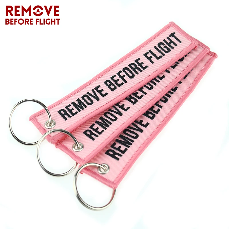 5PCS REMOVE BEFORE FLIGHT Key Chain Safety Tags for Cars Motorcycles Keyring Pink Embroidery Fashion Keychain Key Fob chaveiro