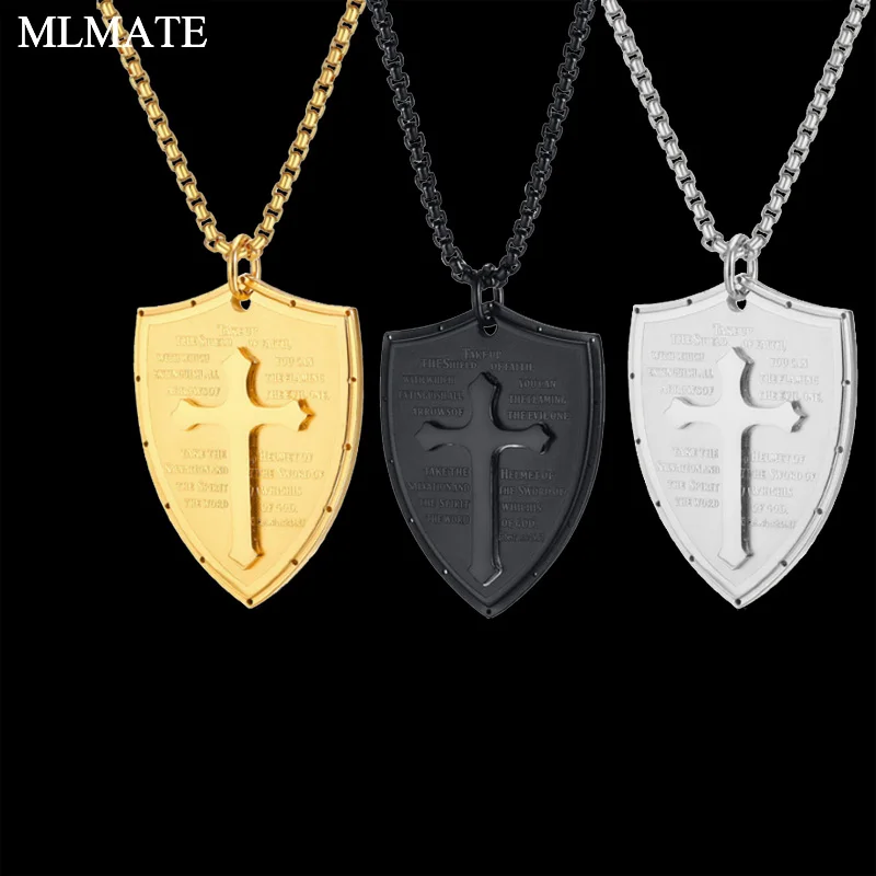 

Men Women Christian Shield Pendant Necklaces Stainless Steel Silver Black Gold Colour Chain Cross Necklace