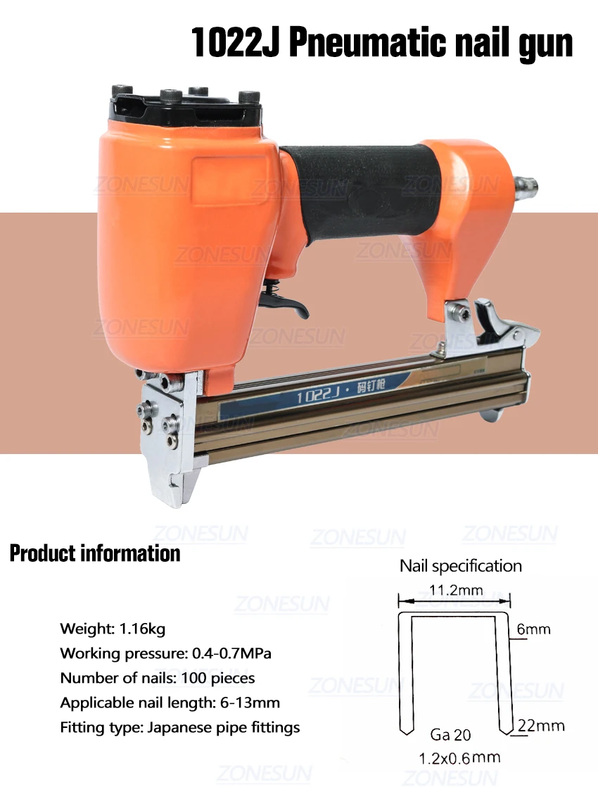 ZONESUN 1022J пневматический штапельный пистолет Air Brad дверной пневматический молоток мебель деревянное кресло деревообрабатывающий воздушный степлер