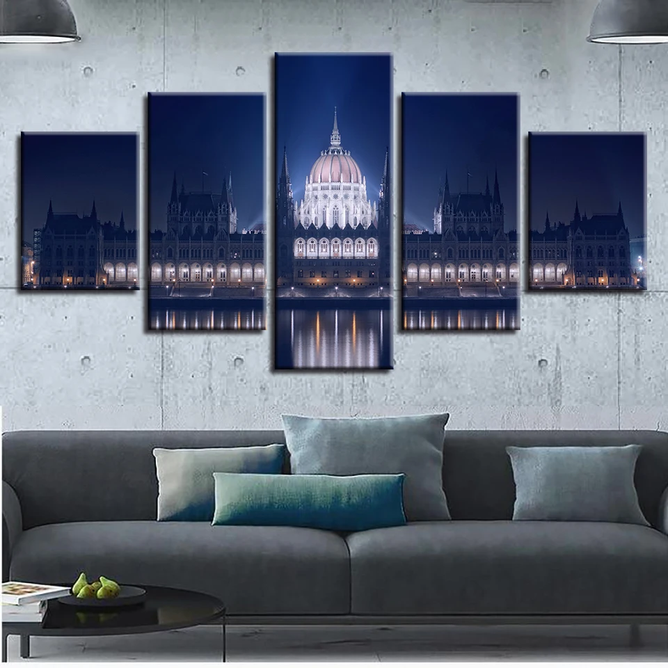

Canvas Printed Pictures Home Decor Framework 5 Pieces Hungarian Parliament Building Night Scene Painting Modular Wall Art Poster