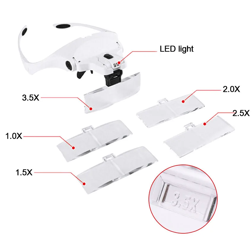 Увеличительное стекло для наращивания ресниц, 5 линз, лупа, накладные ресницы, регулируемая повязка на голову, светодиодный светильник, лупа, инструменты для красоты