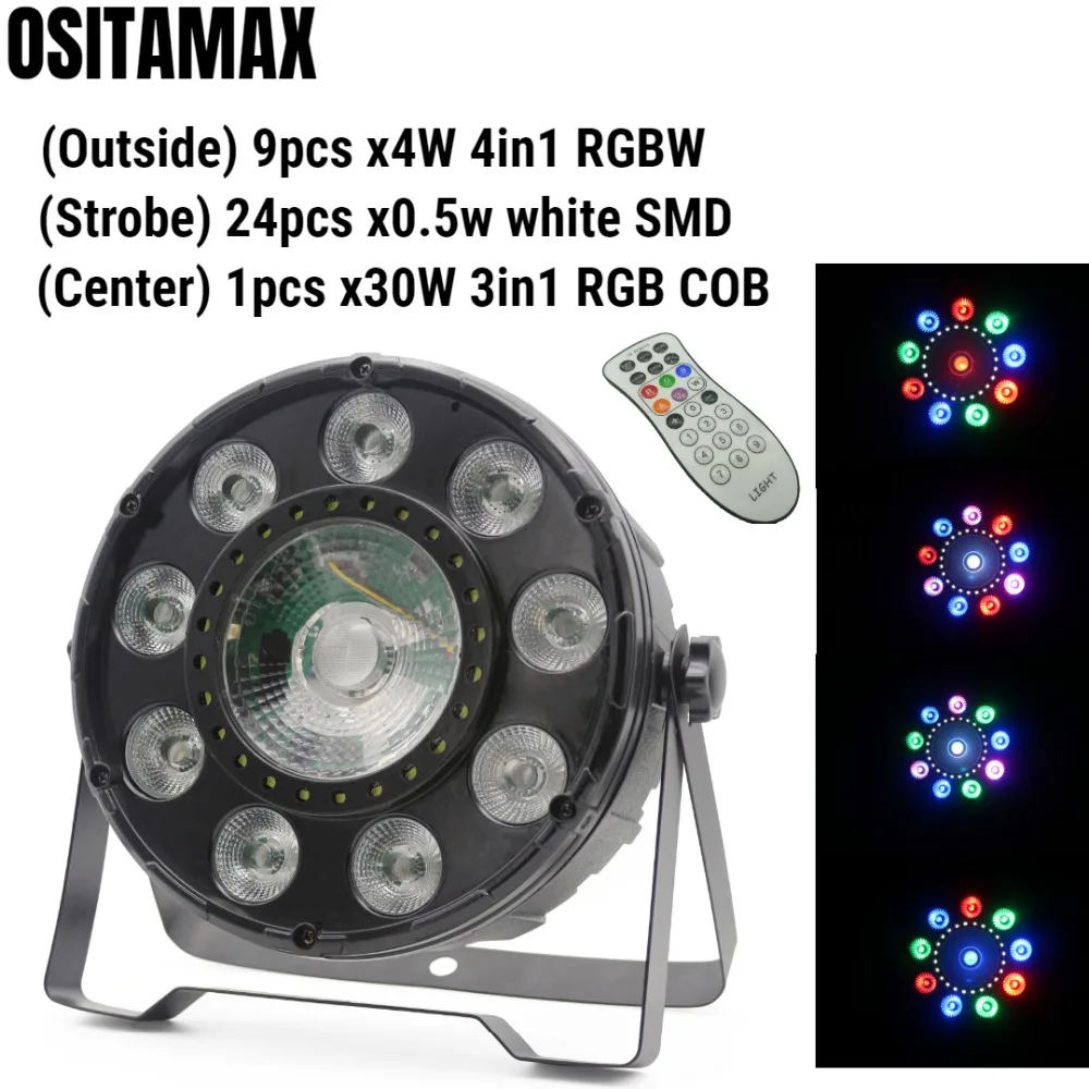 

OSITAMAX-A cheap flat par 9x4w rgbw 4in1 full color dmx flat par can uplight with 24pcs x0.5w white SMD& 1pcs x30W 3in1 RGB COB