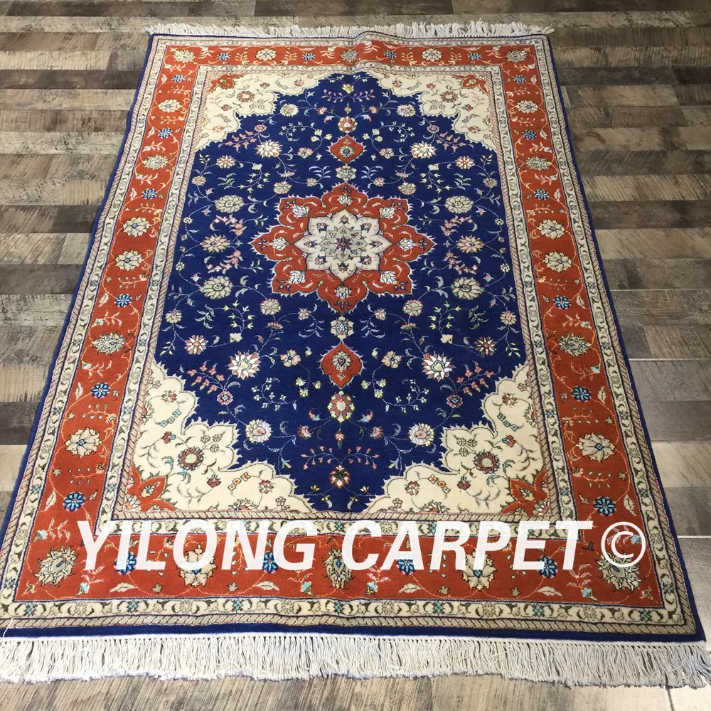 Yilong 4'x6' durable handmade turkish blue color rug parlor decoration
