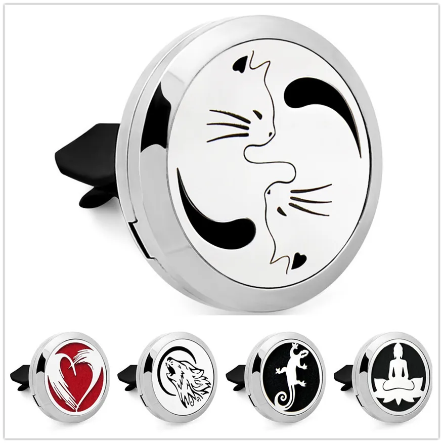 

CG545-CG582 Cat Wolf Buddha Lizard 30mm Car Diffuser Locket 316L Stainless Steel magnet Car Perfume Locket vent clip Free 10Pads