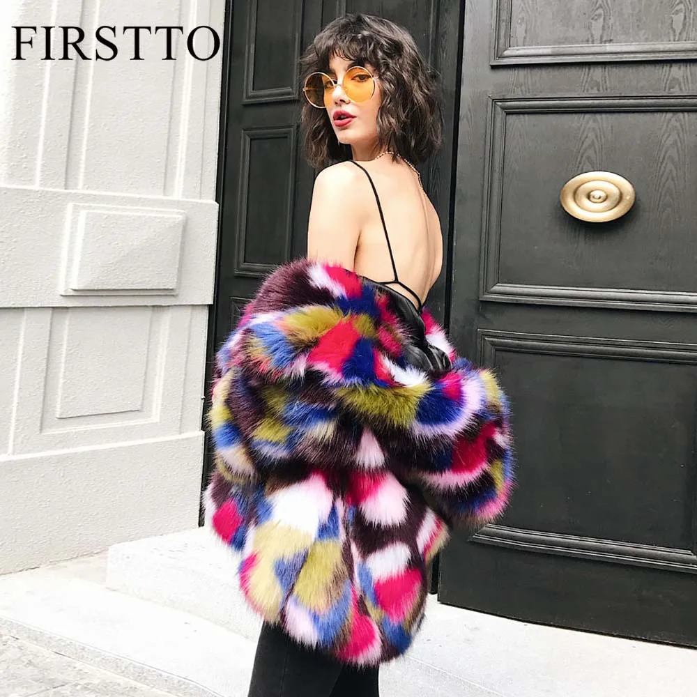

FIRSTTO Fashion Camouflage Hairy Shaggy Faux Fur Coat Mix Contrast Color Hooded Collar Jacket Winter Warm Women Outerwear Tops