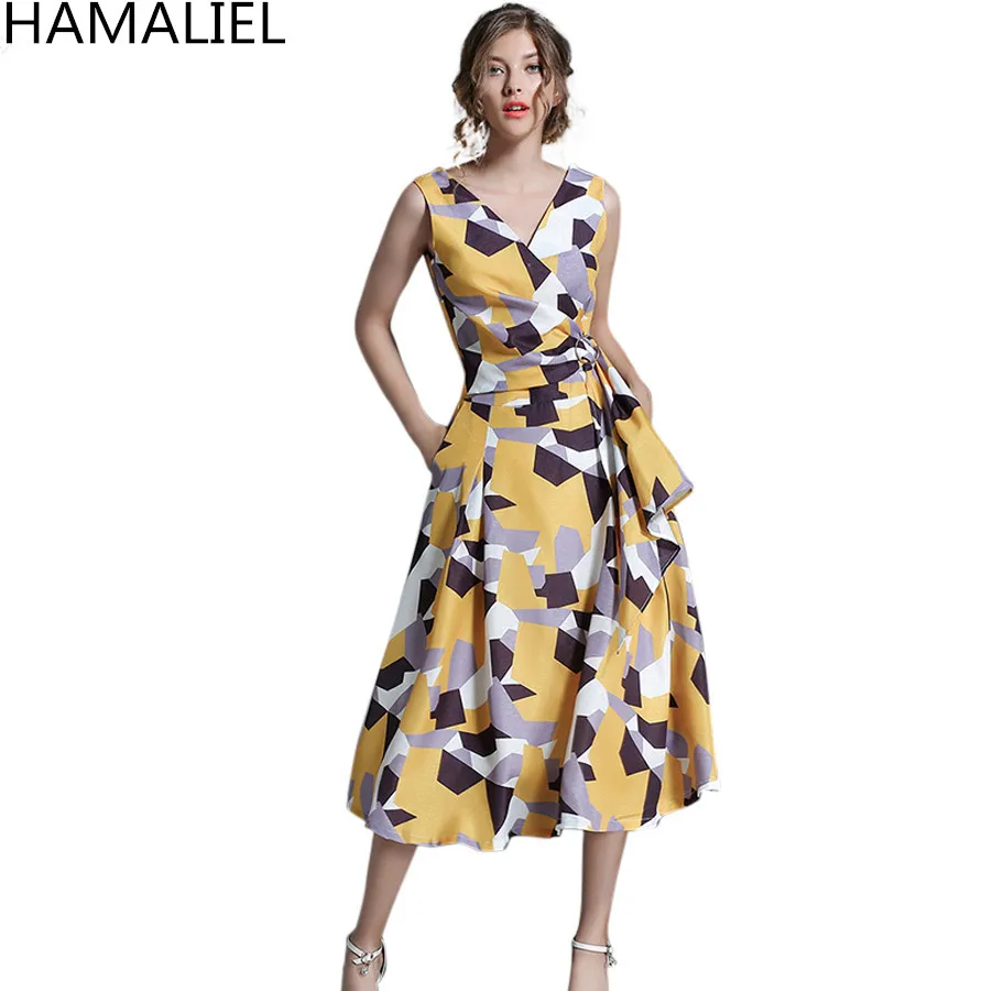 HAMALIEL European Style Women Summer Dress 2018 Runway Print Geometric