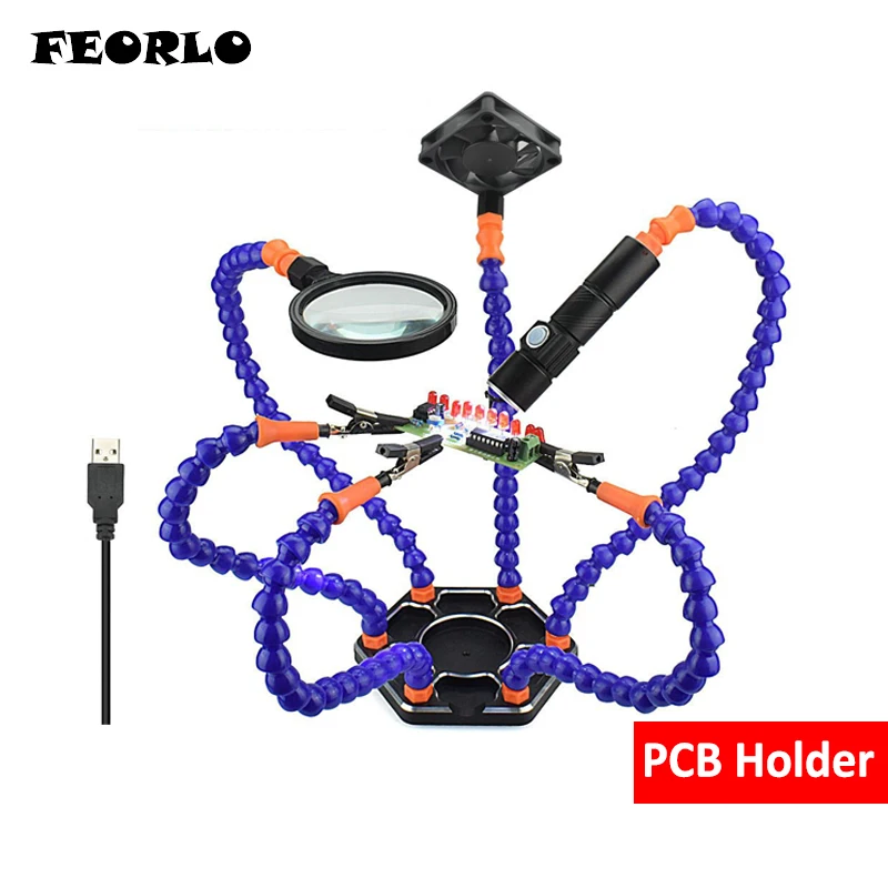

Third Pana Hand Soldering Tool 6 Flexible Arms Six Arm Soldering Station With Swiveling Alligator Clip USB Fan Assembly Repair