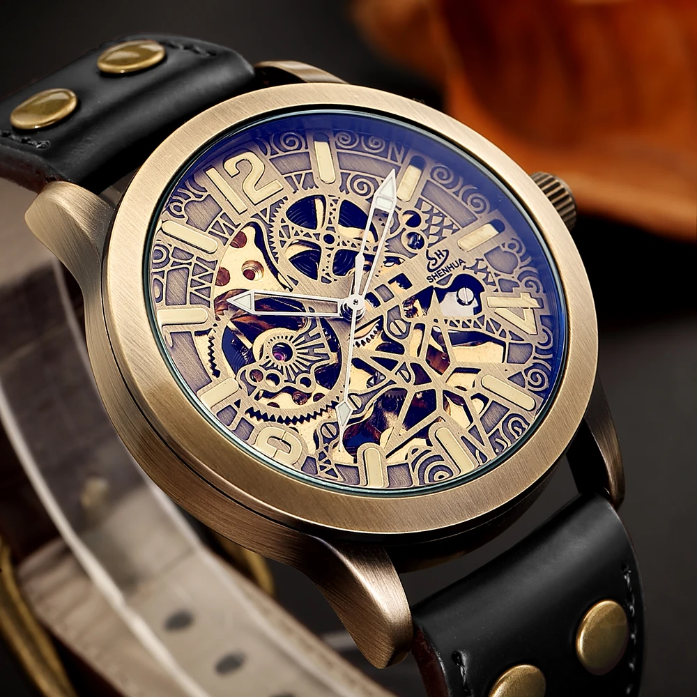 Shenhua стиль выдалбливают люксовый бренд для мужчин Ретро Бронзовый стимпанк Автоматический Скелет кожа Спорт механические наручные часы