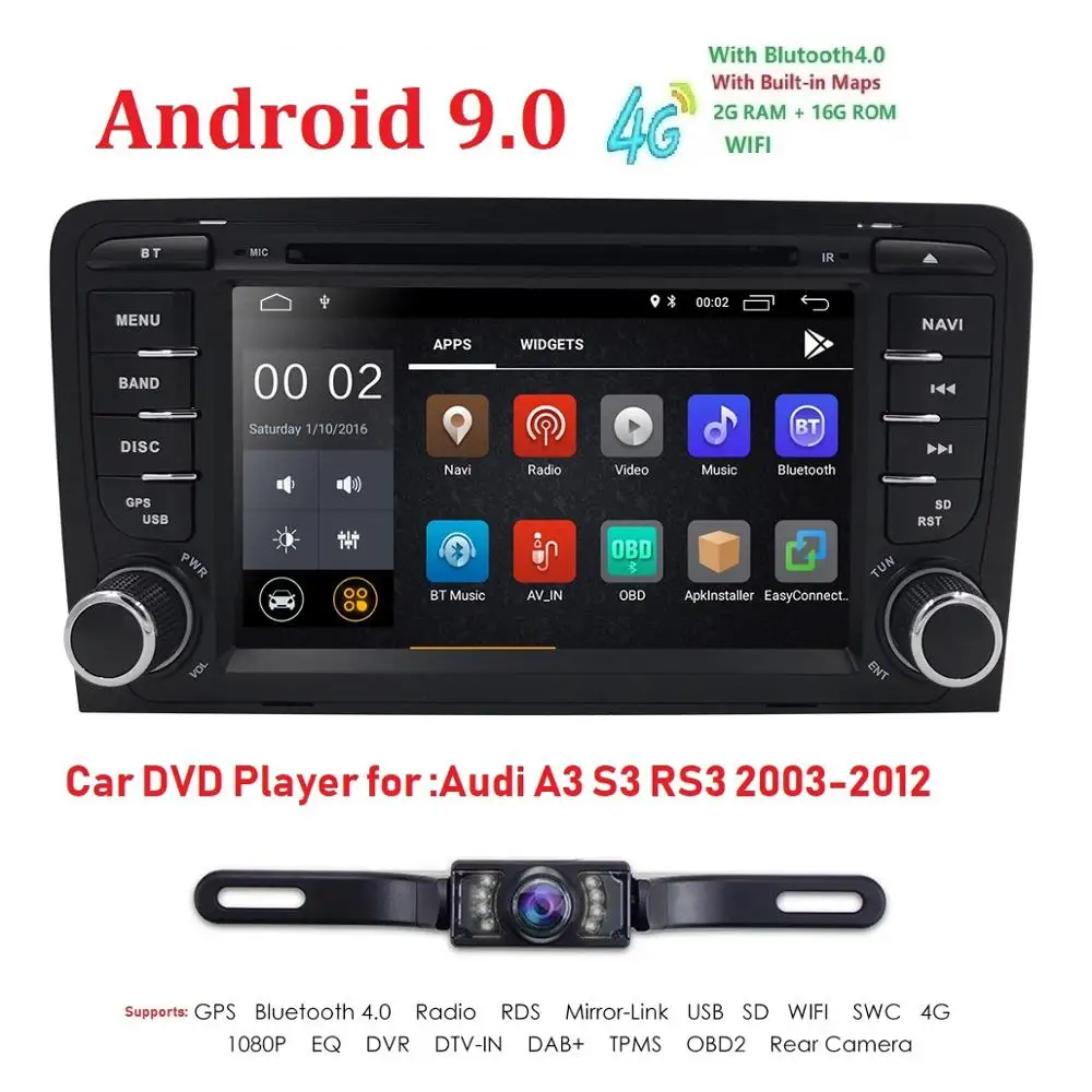 Flash Deal 2Din 7"1024x600 QuadCore 2GB/16GB/32GB Android 9.0 PC Car DVD GPS For Audi A3 S3 2003-2013 With Stereo Radio WiFi 4G OBD DVR CAM 0