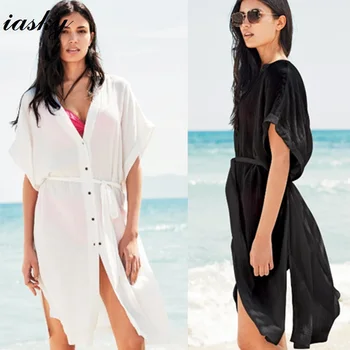 

IASKY Beach Dress Tunic Pareos For Women Kaftan 2018 New Shirt short Sleeve Cover-Ups Sexy Beach Cover Up Saida De Praia