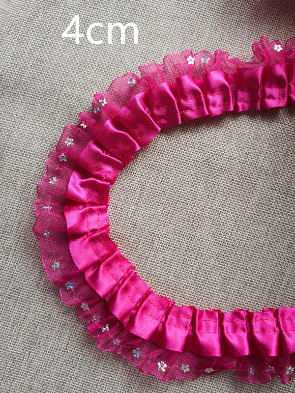 

Wholesale Lot HOT PINK Double Layer Sequin Ruffle Lace Trim, doll DIY sewing Craft doll dress 4cm