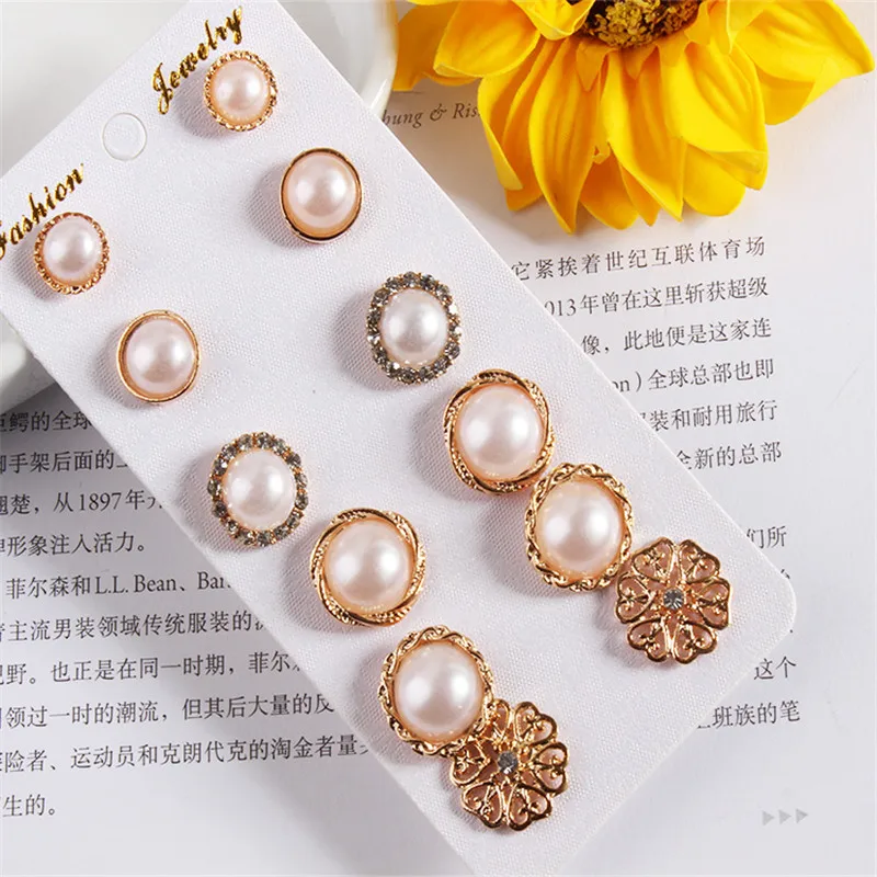 

6 Pairs/Set charm Mixing Crystal Simluated Pearl Stud Earrings Jewelry For Women Girls Wholesale Cute Flower Earrings Gift