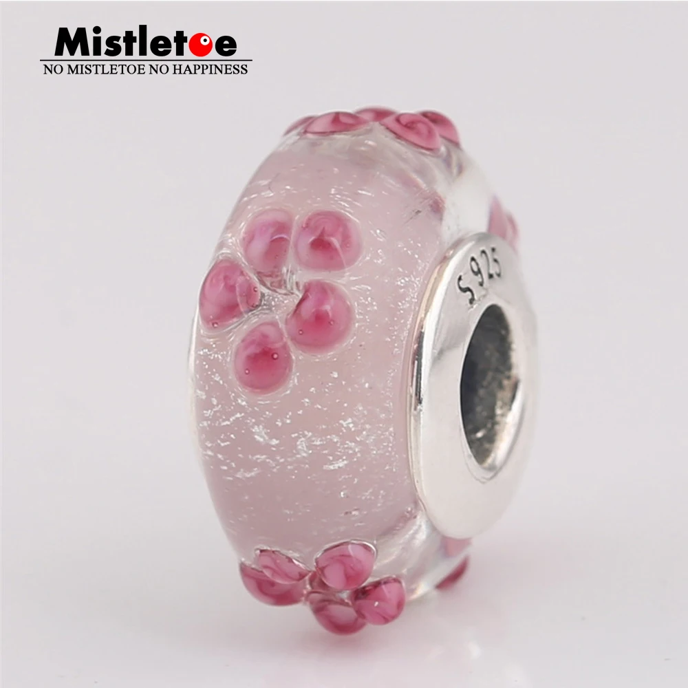 

Mistletoe 925 Sterling Silver Pink Flower Glass Charm Murano Glass Bead Fit European Bracelet Jewelry