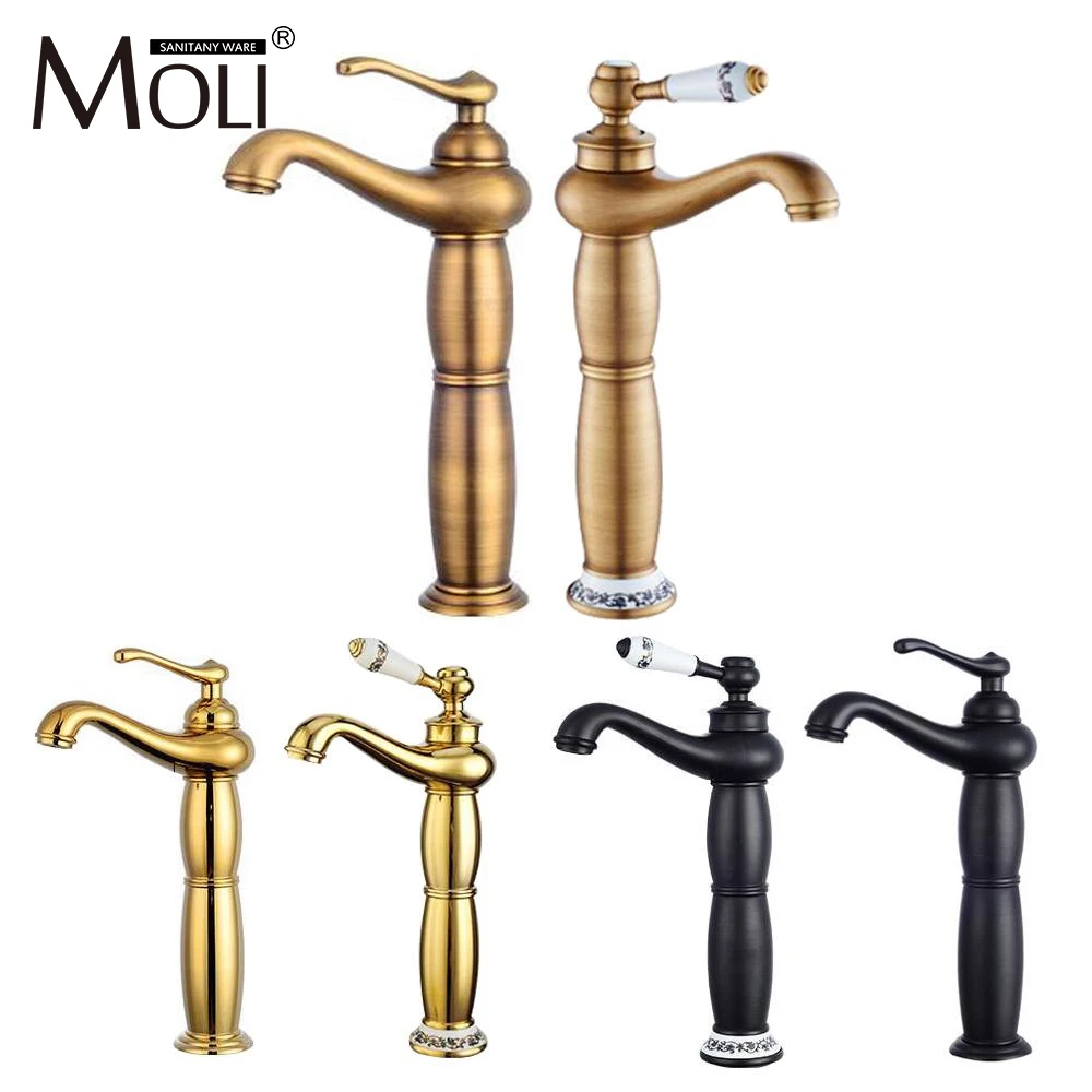 

Tall antique brass basin mixer deck mount golden bathroom faucets single handle single hole cold&hot water tap torneira FCT001