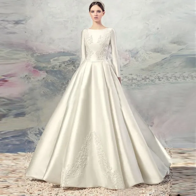 New High Quality Gorgeous Ivory Silk Satin Full Sleeve Holy New High Quality Gorgeous Ivory Silk Satin Full Sleeve Holy Wedding Dress 2018 Bridal Gowns Widding