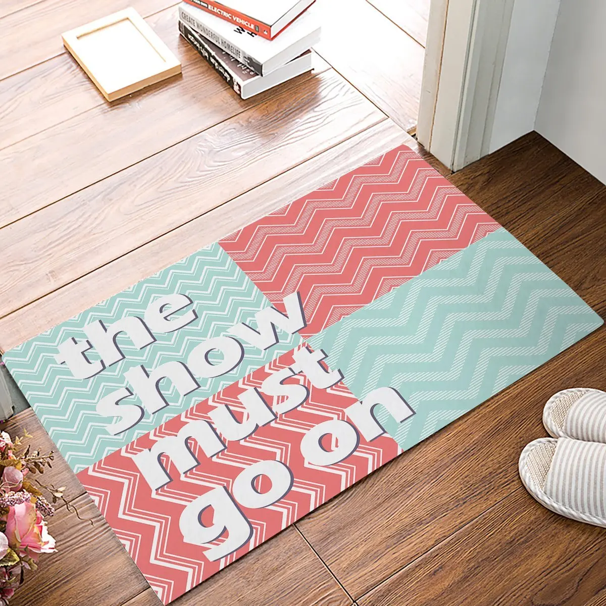The Show Must Go On Mint Green Pink And White Chevron Door Mats Kitchen