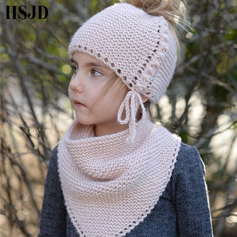 Kids Crochet Hat Girl Knitted Ponytail 