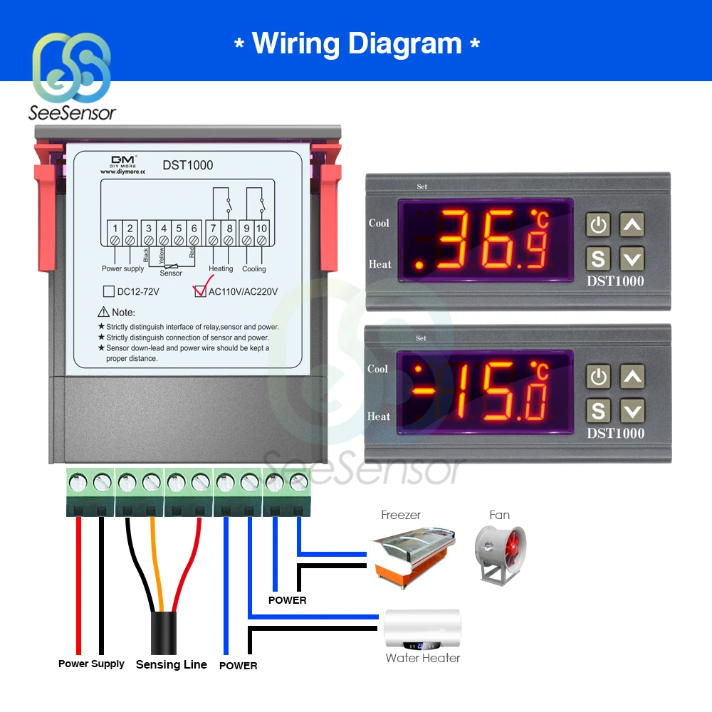 DST1000 AC 110V 220V DC 12-72V цифровой контроль температуры контроллер Лер термостат DS18B20 датчик Водонепроницаемый заменить STC-1000