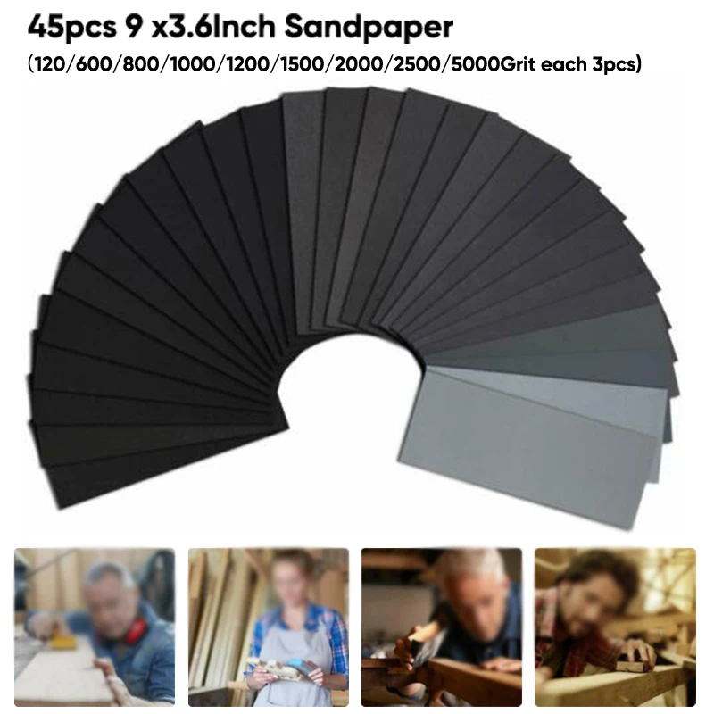 

Grinding Crafts Wood Metal Sandpaper Black Accessories Sheets 9''x3.6'' Polishing 45 pcs 120-3000 Grit Sanding