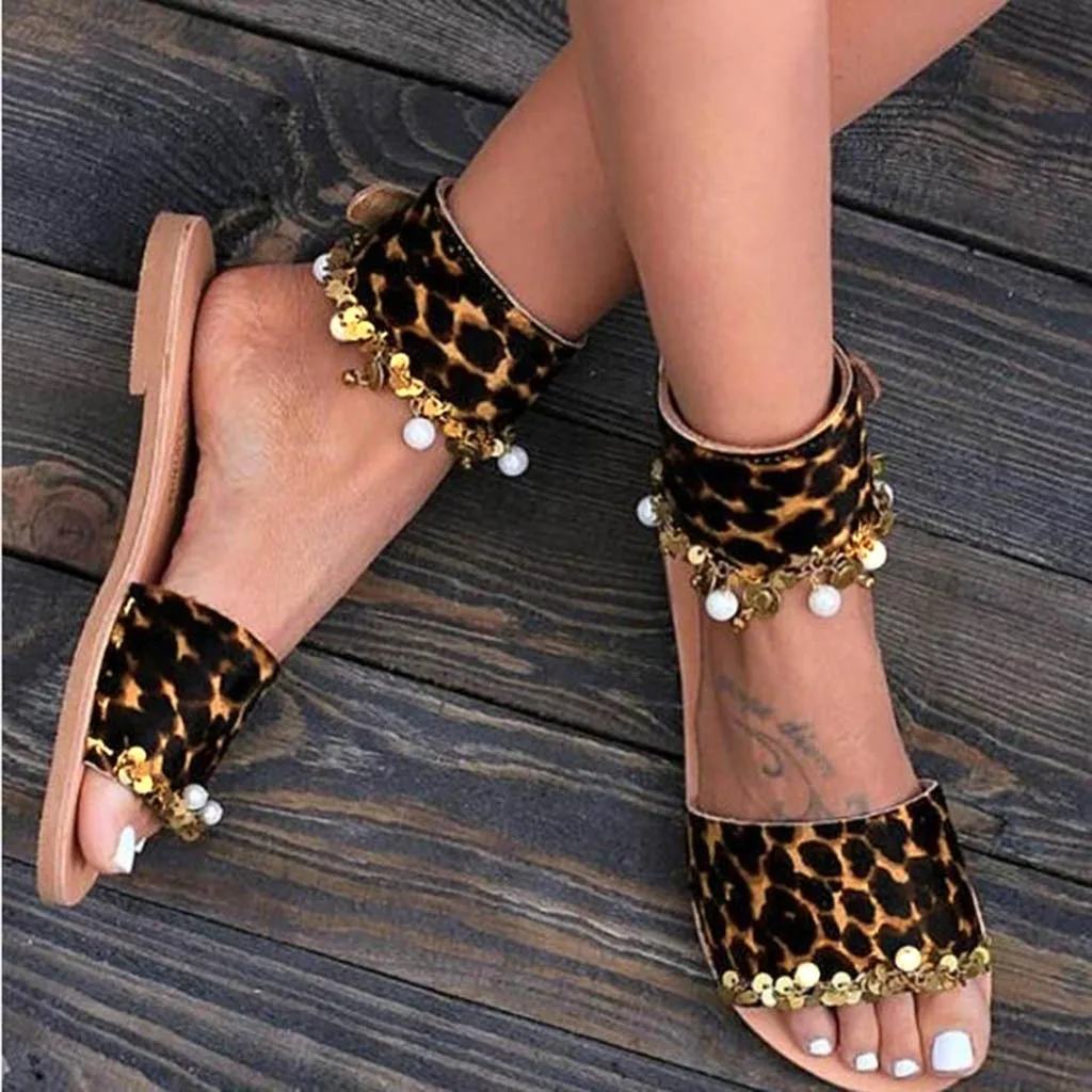 Fashion Women RomanLeopard Metal Rhinestone Ankle Strap Buckle Retro Sandals low heel sandals for women2019 new | Обувь