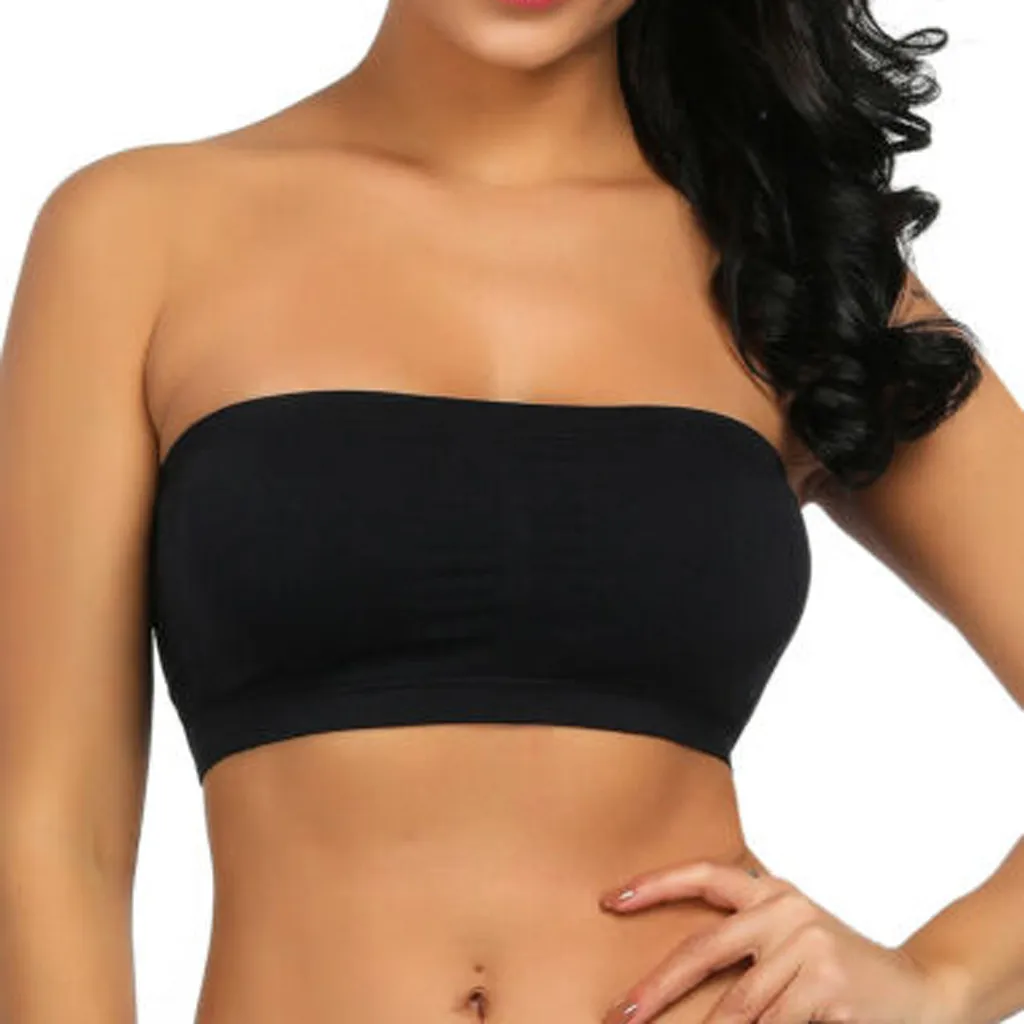 

2019 Fashion Women Solid Tube Top Casual Ladies Basic Crop Strapless Padded Bandeau Bra Removable Padded Stretchy